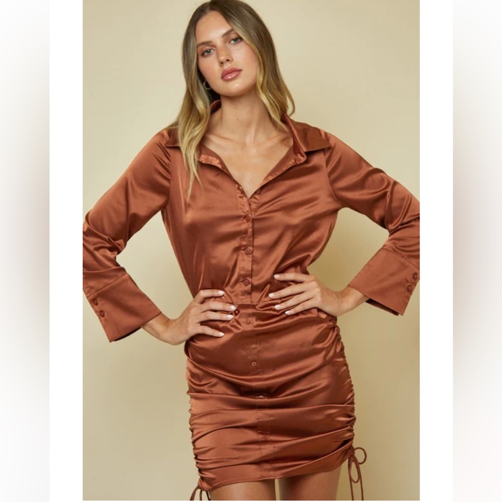 Hyfve Button Down Ruched Long Sleeve Mini Dress Size Large NEW